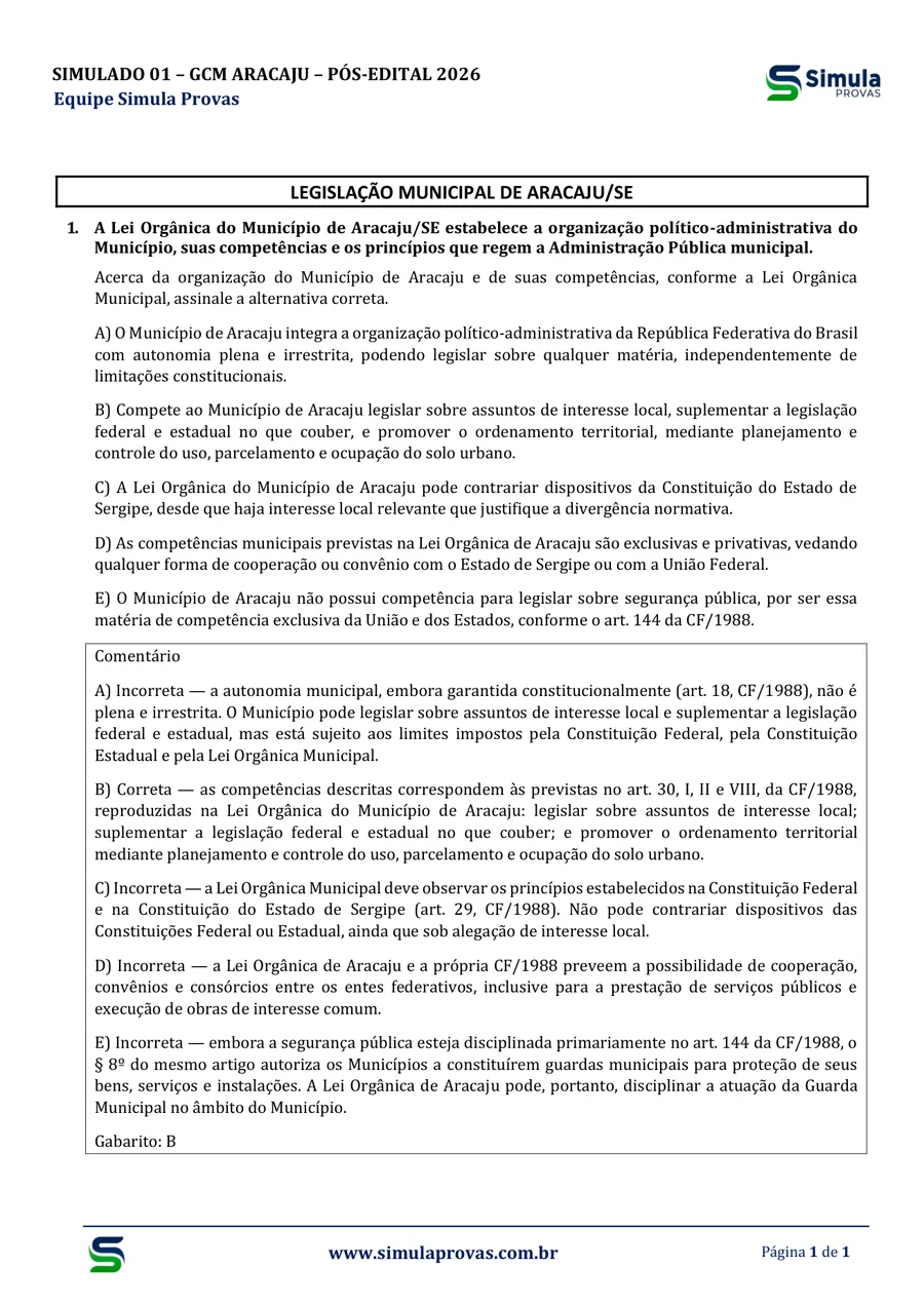 Comentário em toda questão — GCM Aracaju 2026