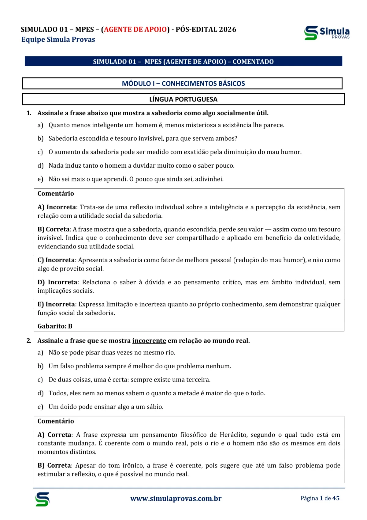 Comentário em toda questão — MPES Agente de Apoio 2026