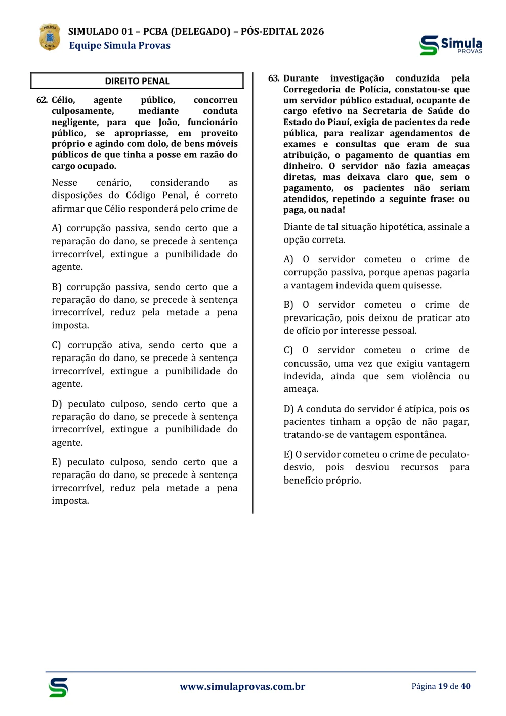 Amostra real dos Simulados — Direito Penal, crimes funcionais