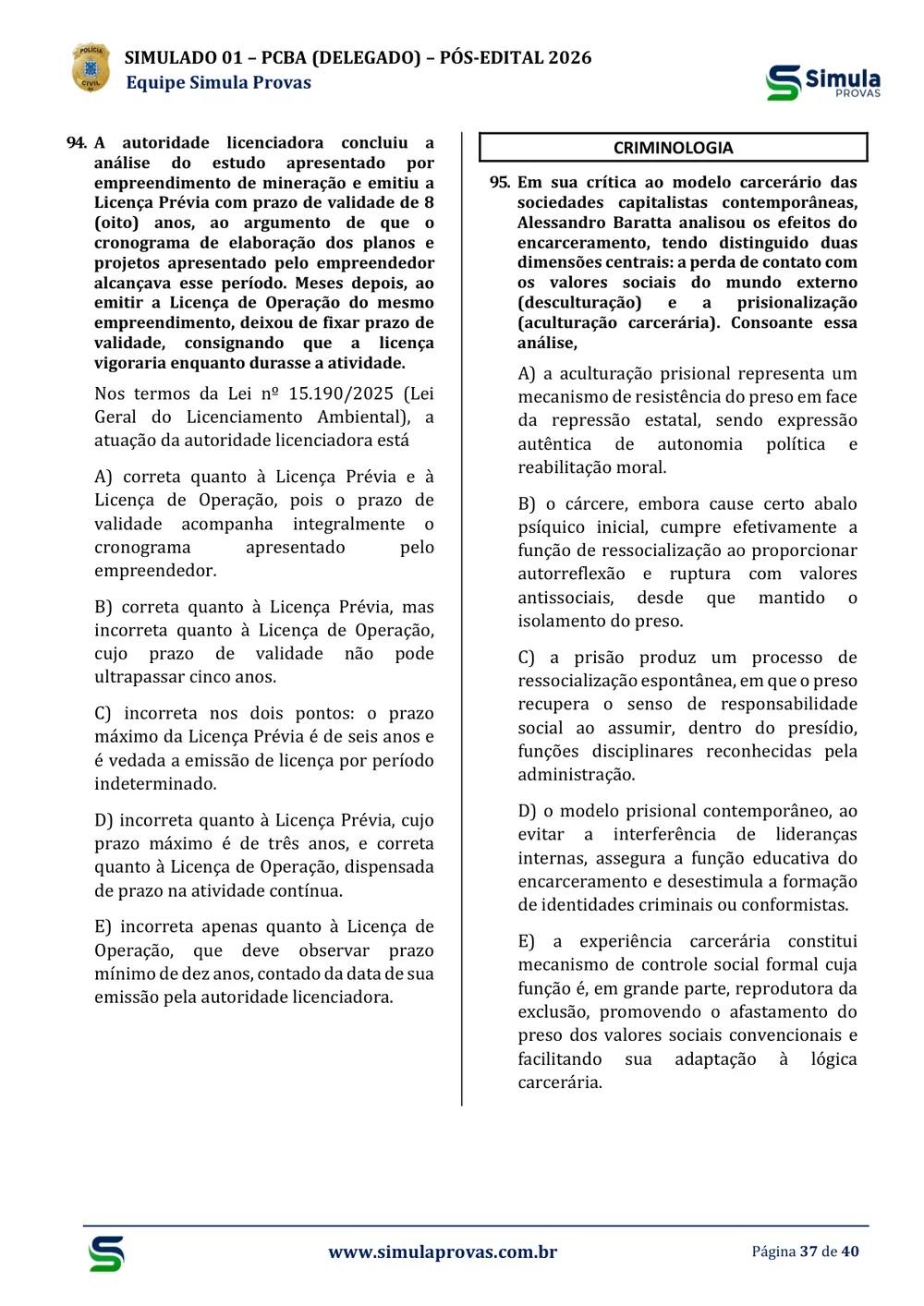 Amostra real dos Simulados — Criminologia