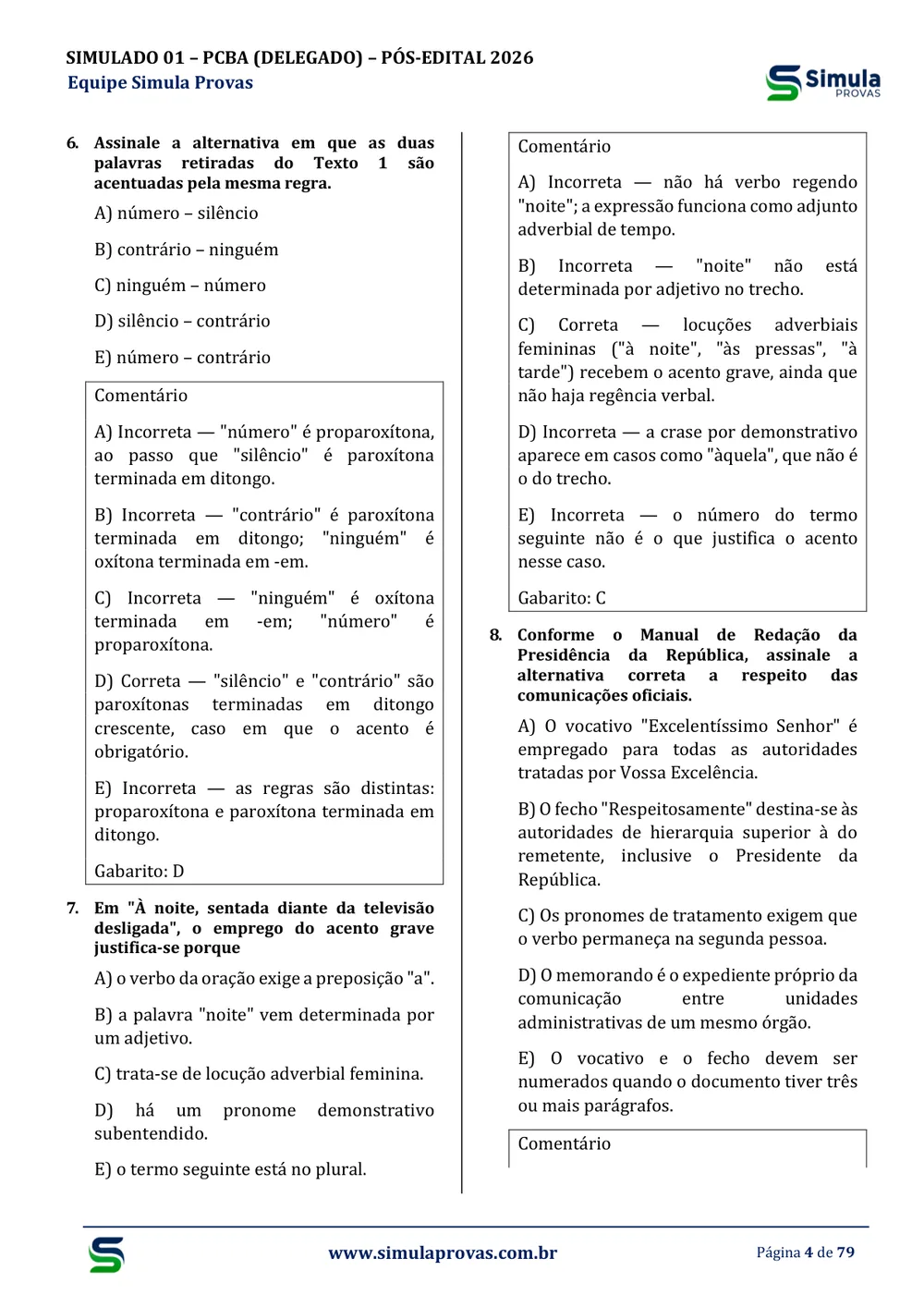 Amostra real dos Simulados — gabarito comentado alternativa por alternativa
