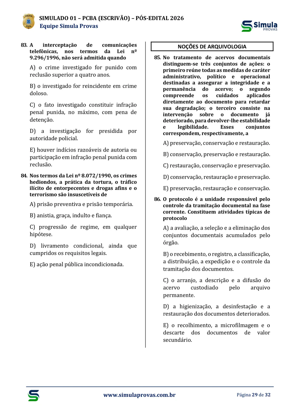 Amostra real dos Simulados — Noções de Arquivologia