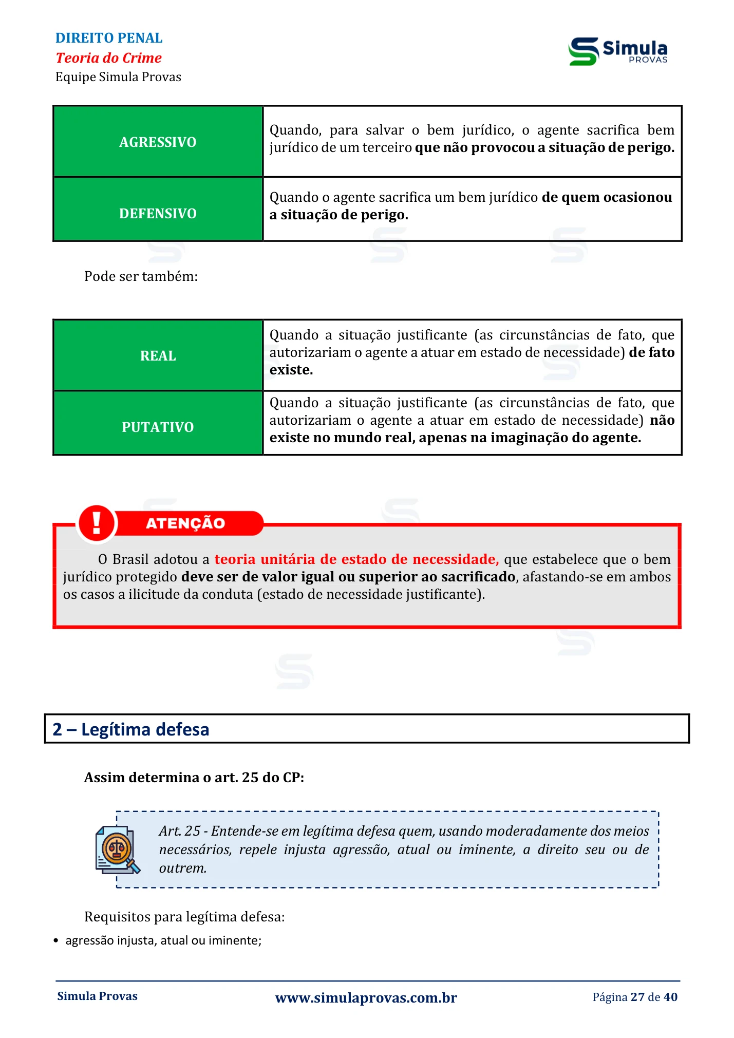 Direito Penal — Legítima defesa — resumo PC-BA Investigador