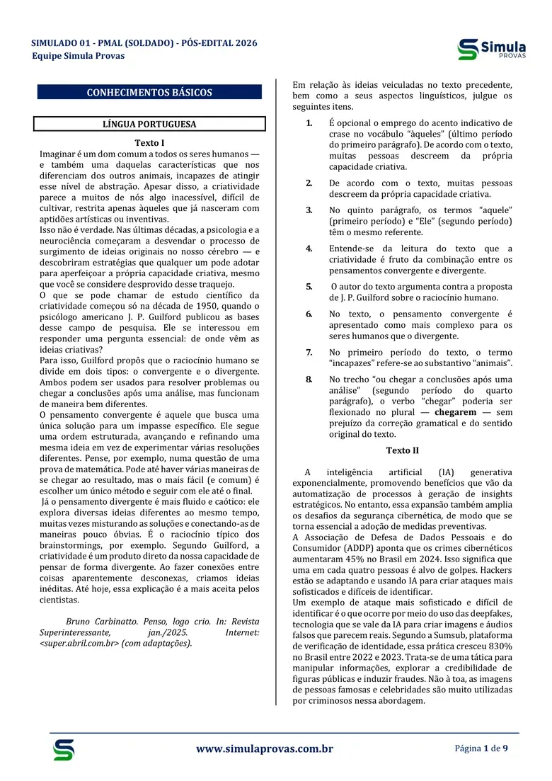 Questões no padrão da banca — PMAL Soldado 2026