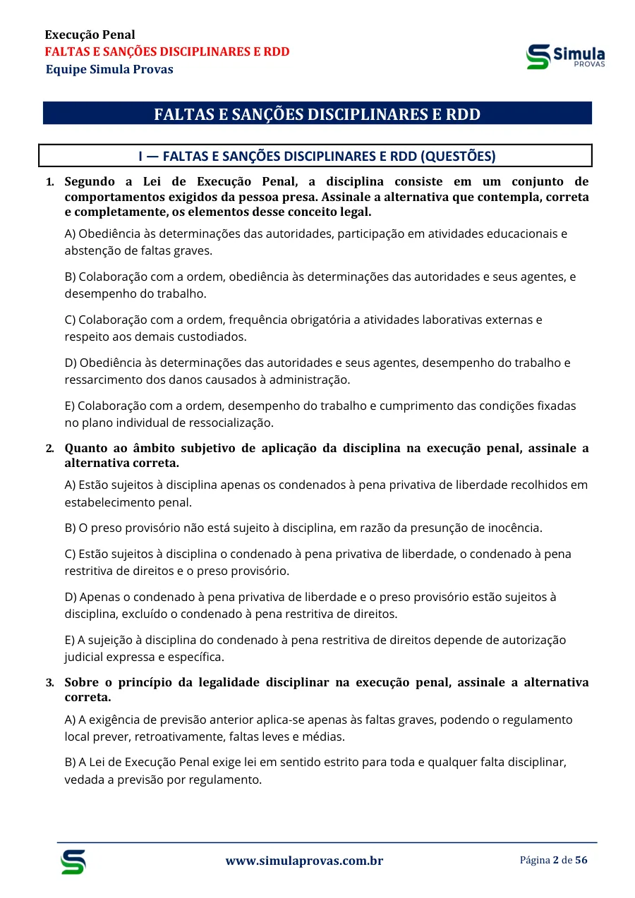 Questões sobre faltas, sanções disciplinares e RDD