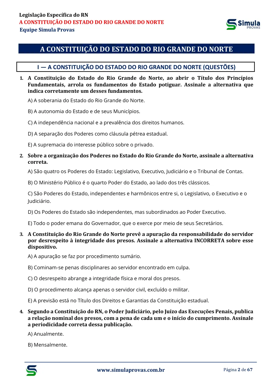 Amostra real — questões da Constituição do Estado do RN