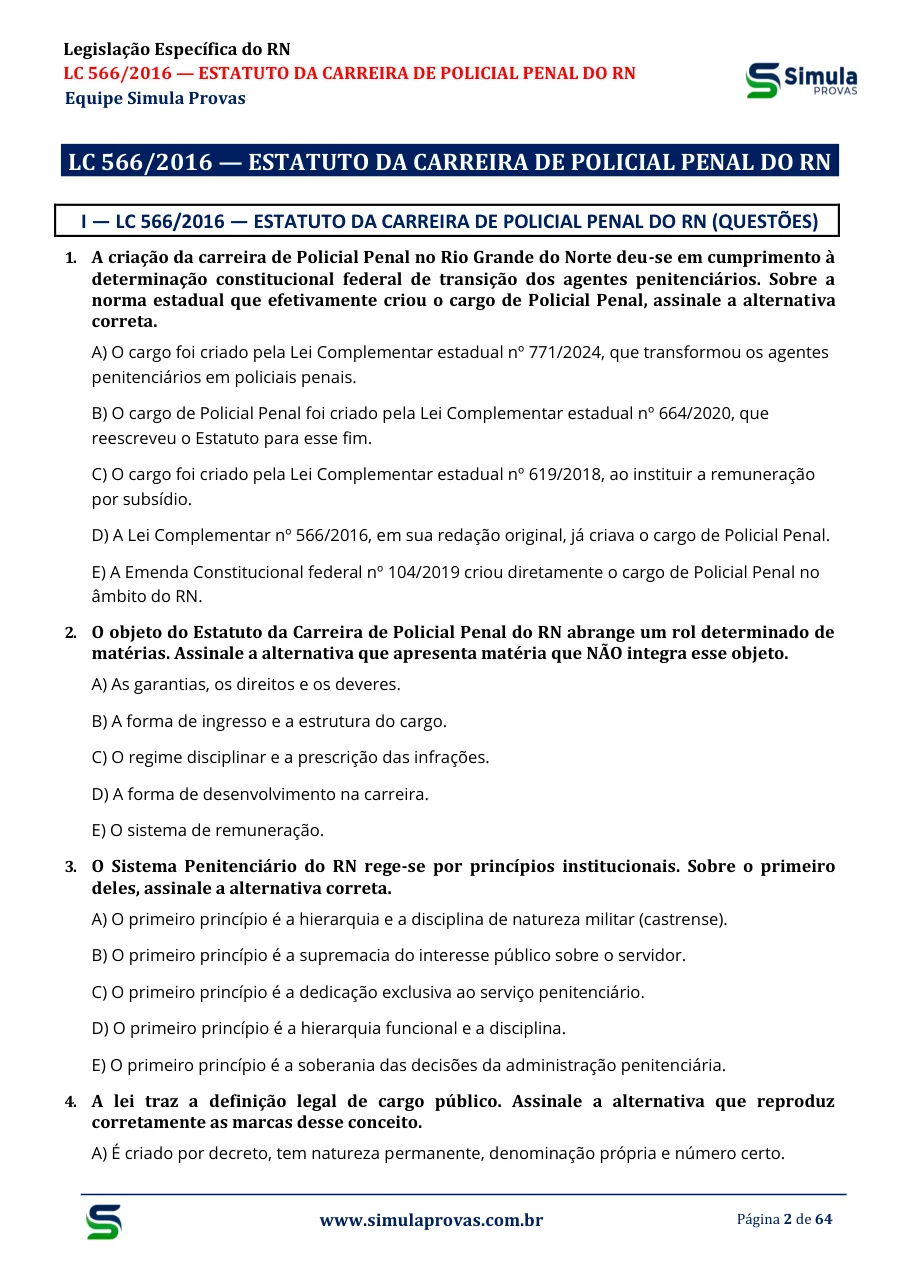 Questões sobre a LC 566/2016 — Estatuto da Carreira