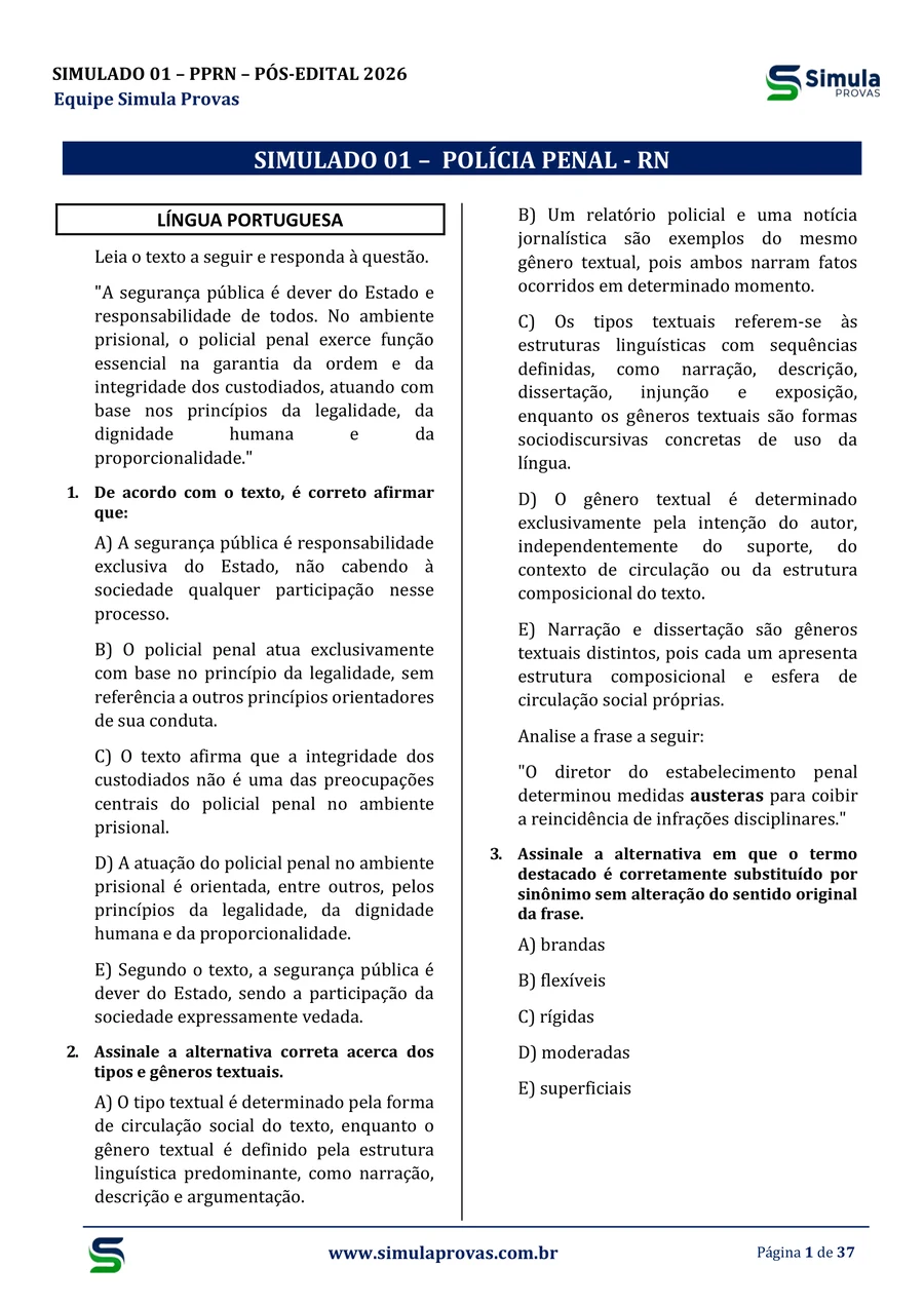Amostra real do Simulado 01 — Polícia Penal RN