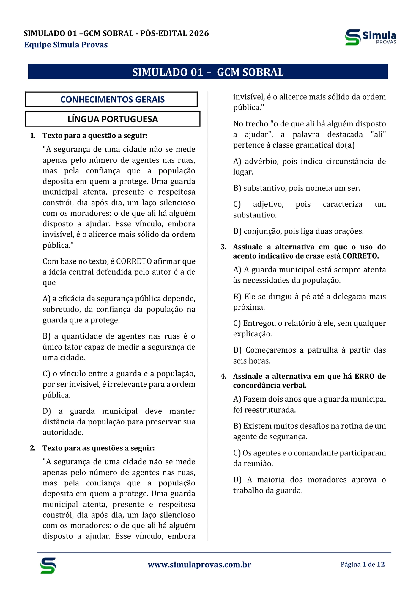 Questões no padrão da banca — GCM Sobral 2026