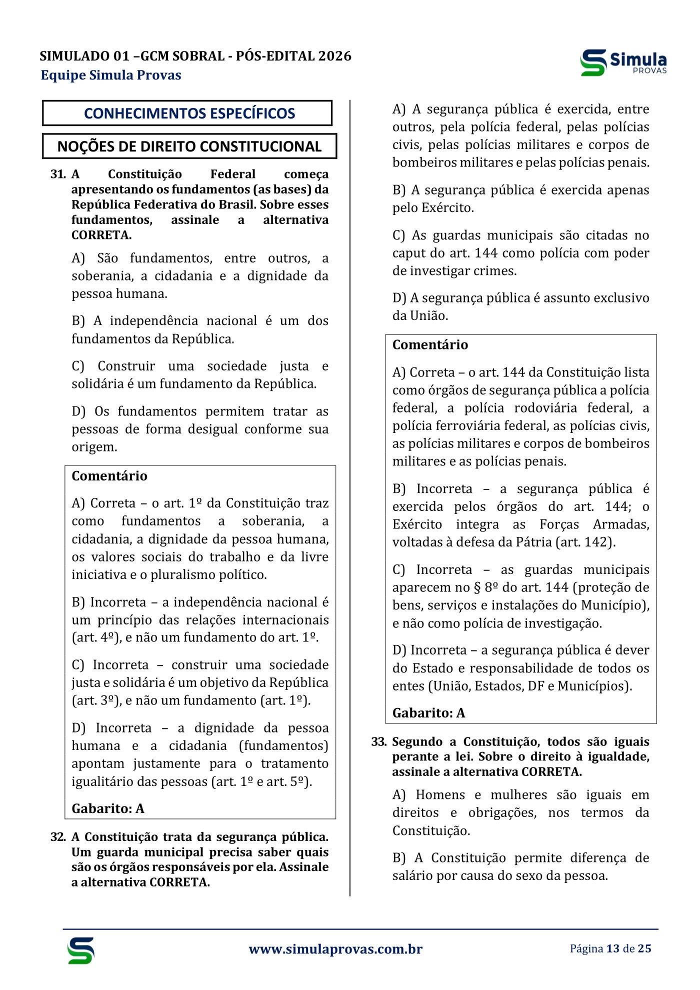 Comentário em toda questão — GCM Sobral 2026